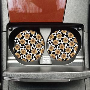 Sunflower Cow Print Car Coasters | Car Accessories | Car Coaster | Coaster Set